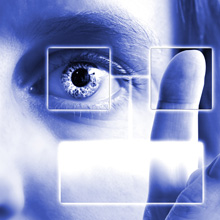 up close image of a researcher using clear screen monitor.